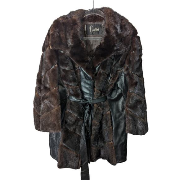 Vintage Jackets & Blazers - Vintage 70's Dayton's Black Leather Coat with Fur Accents Tie Waist Black Brown